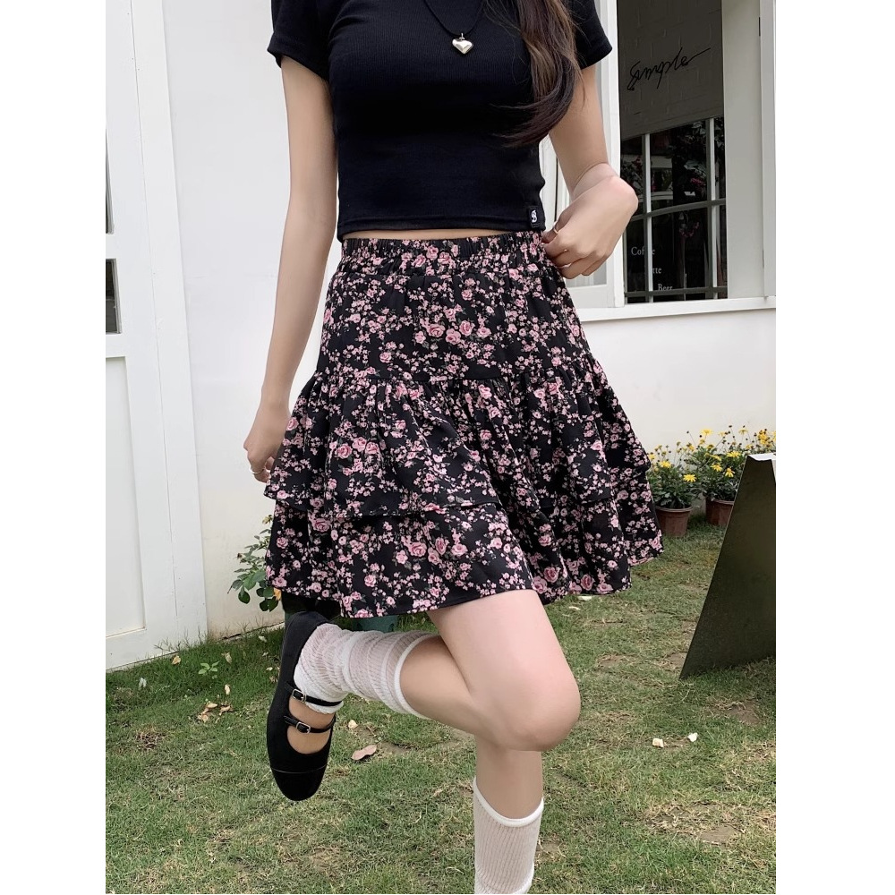 Large size fat mm elastic waist sweet small floral skirt women's spring and autumn 2025 loose hip A-line cake short skirt