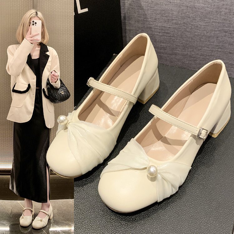 Dress Mary Jane Shoes Women's 2024 Summer New Shallow Mouth Flat Late Evening Shoes Gentle Style Pearl Shoes Women