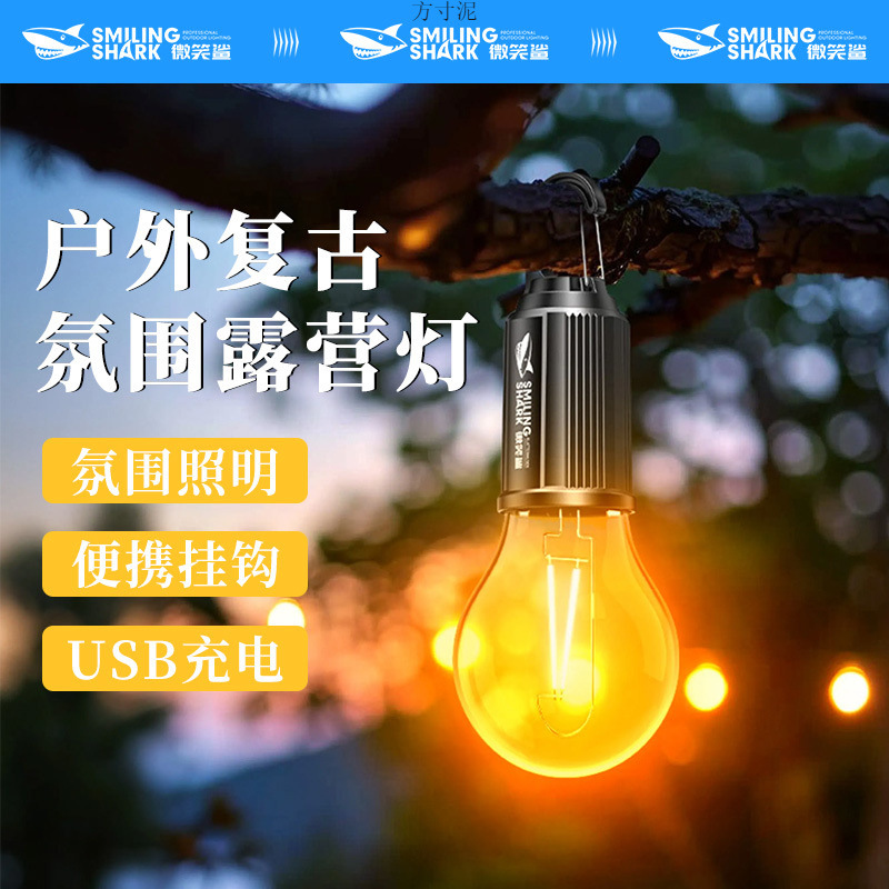 New Rechargeable Bulb-Shaped Hanging Lamp Outdoor Street Stall Camping Style Led Atmosphere Tent Retro Lighting