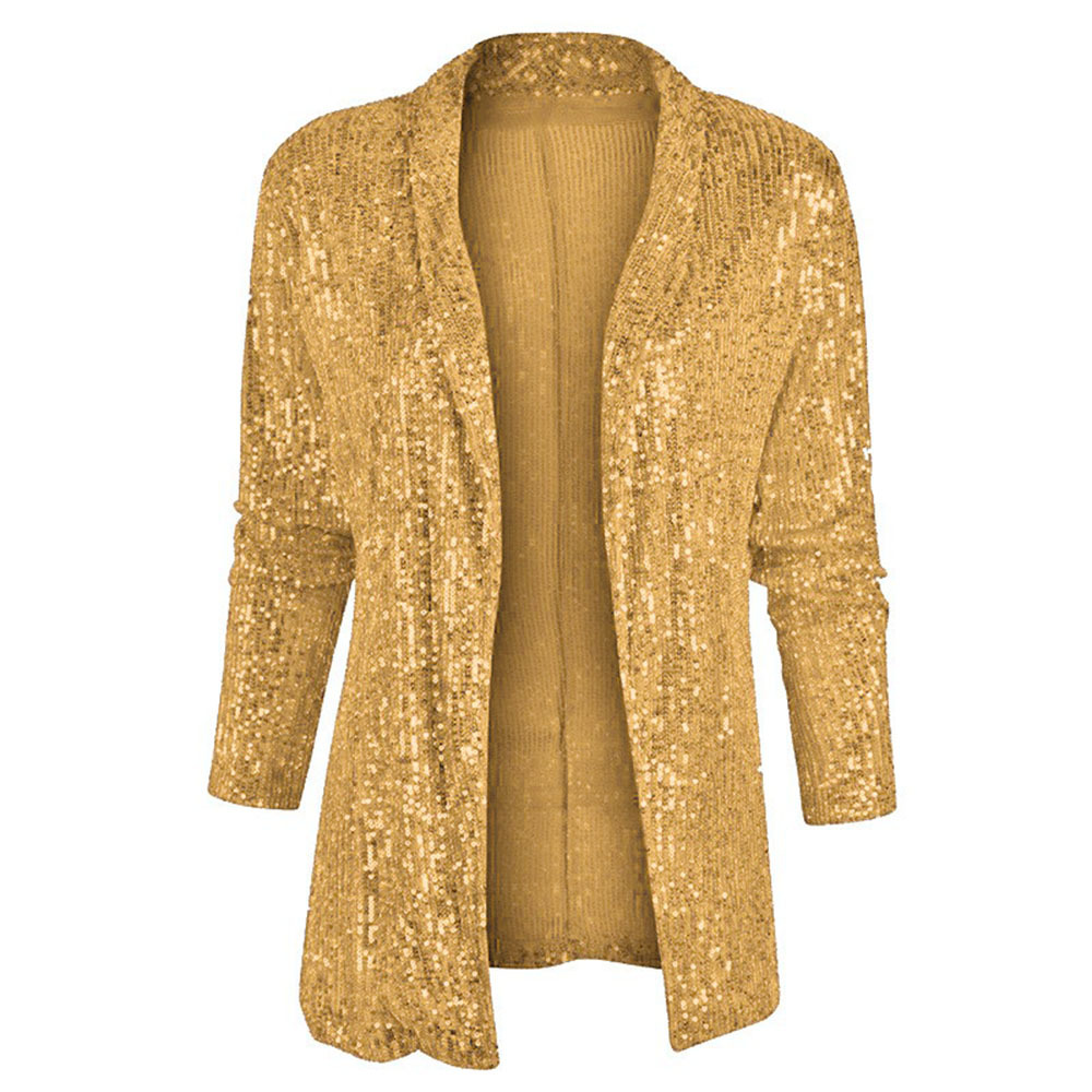 Picture of 2025 Spring New European and American Amazon Sequined Long-Sleeved Elegant Mid-Length Small Suit Lapel Pure Color Jacket for Women