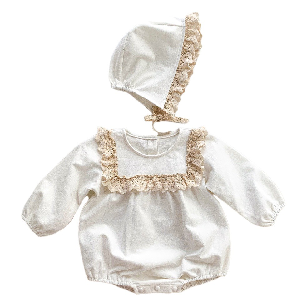 Picture of 2025 Spring Korean Style Baby Jumpsuit for Baby Girl Long-Sleeved Lace Collar Romper Bag Fart Clothing with Hat