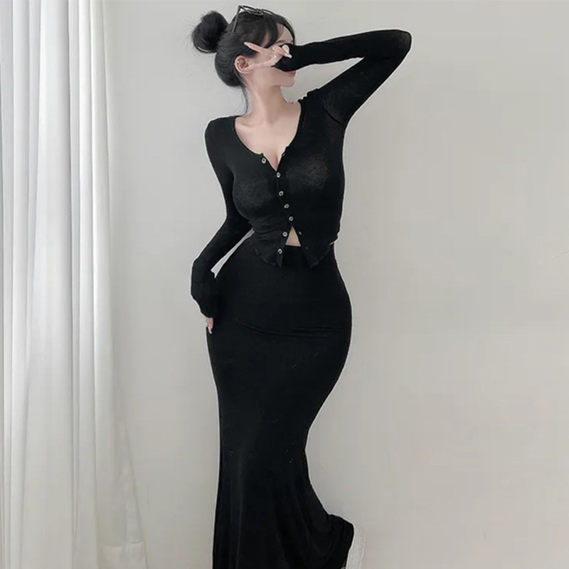 South Korea Dongdaemun Sexy Fashion suit Tight Slim Long Sleeve Cardigan Lined Fishtail Skirt Women