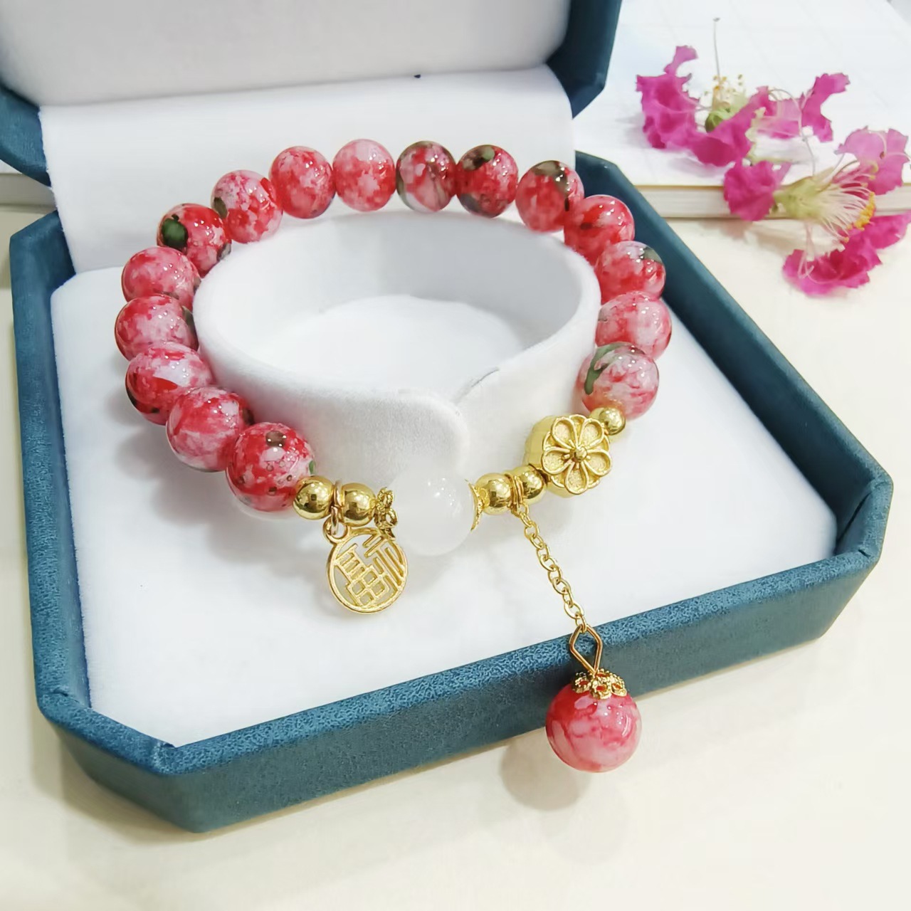 Imitation Rain Color Stone Imitation Shoushan Stone Bracelet Bracelet for Women's Niche Design Advanced Feeling Fu Brand Bracelet Color for Girlfriends