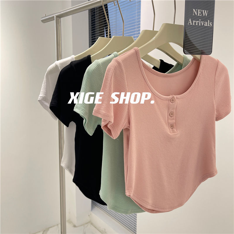 Hot Girls Curved Hem Three-Button Short-Sleeved T-Shirt Women's Summer Thin Elastic Slim-Fit Pure Short Top with Thread