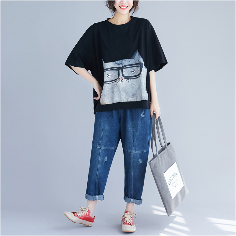 Picture of Small Fresh Plus Size Women's Clothing Cute Cartoon Print T-Shirt 2024 Fat mm Loose and Comfortable Simple Round Neck Top Summer