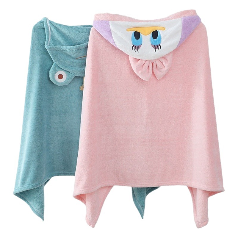 Children's cartoon bath towel coral fleece absorbent quick-drying shower cap hooded cloak thickened absorbent men and women can wear