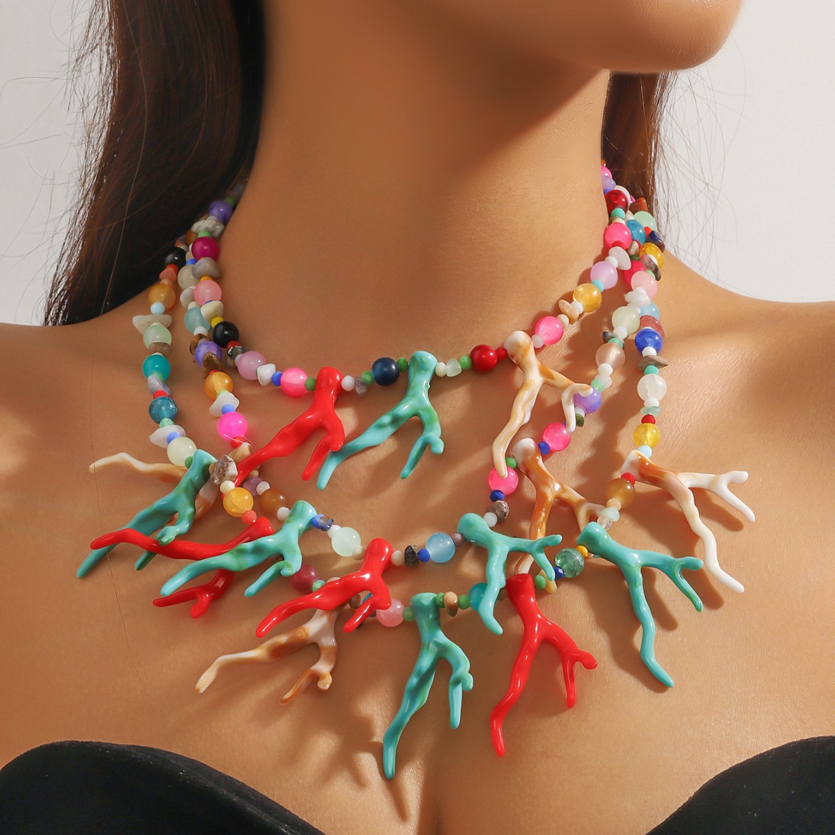 Picture of New European and American Fashion Personality Punk Decorative Necklace Vintage Exaggerated Multi-layer Coral Clavicle Chain