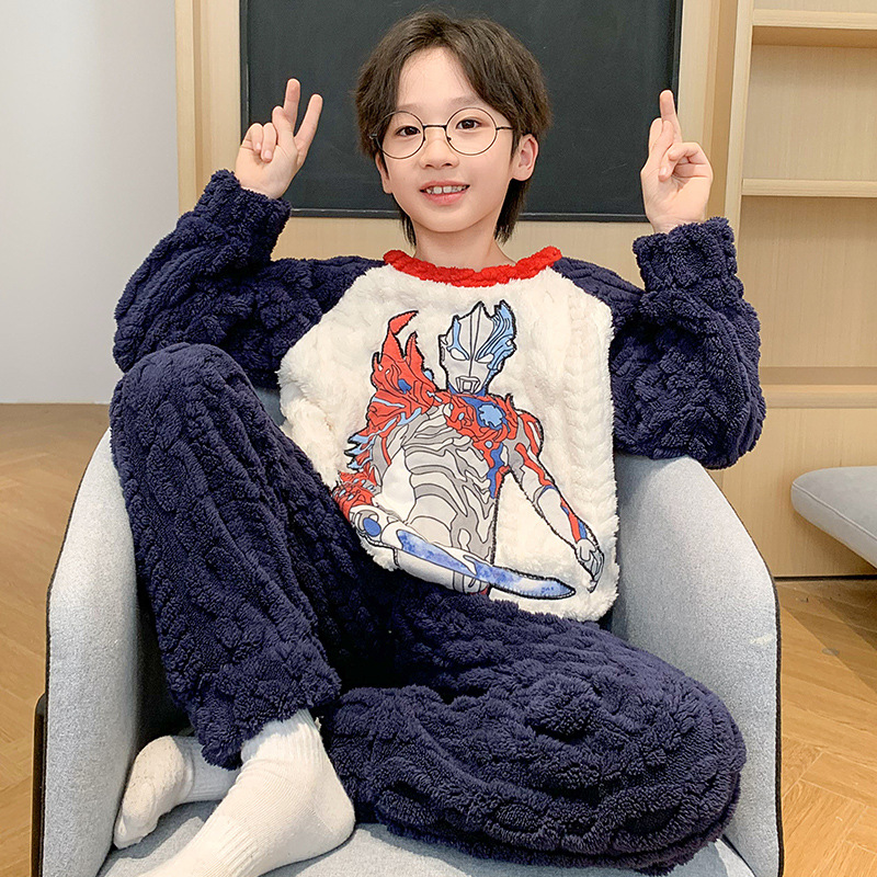 Picture of Children's Pajamas Men's Flannel Winter fleece-lined Thickened Coral Fleece Boys' Cartoon Astronaut Big Children's Home Clothes Set