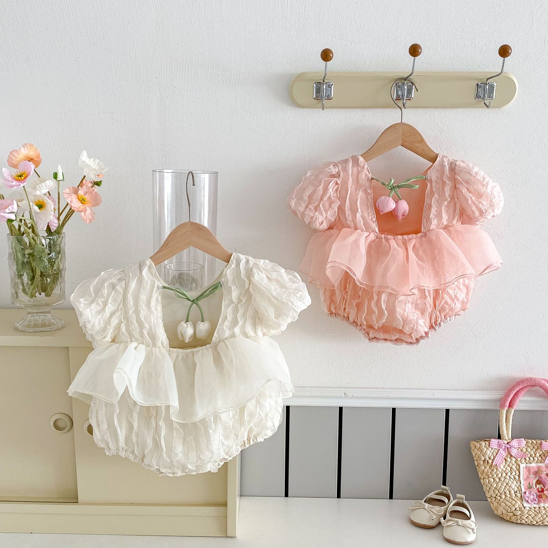 Picture of Ins Summer New Puff Sleeve Short-sleeved Body Clothes Baby Girl Sweet Cute Backless Lace Hare Dress