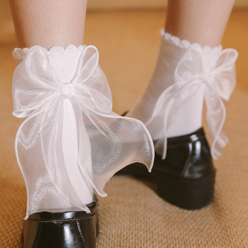 Picture of White Socks for Women Lolita Cute Soft Girl Silks and Satins Lace Mid-Calf Long Socks Lolita Uniform Jk Bow