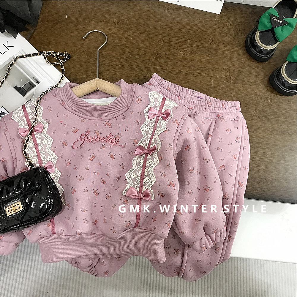 Children's Floral Imitation Alpaca suit New Children's Wear Girls Korean-style Two-piece Set Girls Sweet Winter Wear for Foreign Trade