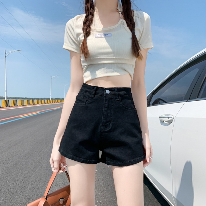 Cross-border Foreign Trade Casual High Waist Thin Slim Hip A- line Pants 2023 Summer Loose Roll-up Denim Shorts for Women