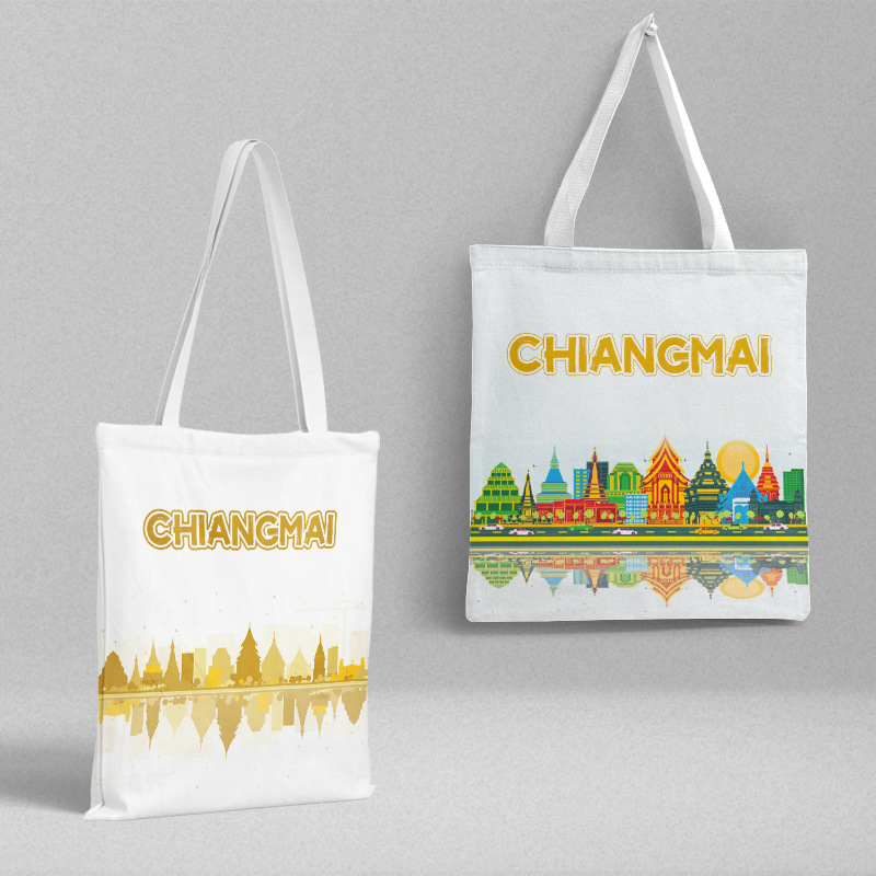 Chiang Mai Canvas Bag 36x 39cm Thailand City Travel Commemorative Shoulder Bag Handbag Ins Style Shopping Bag