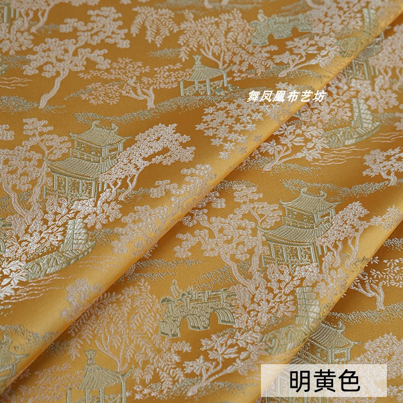 Picture of Bright Yellow Qingming Riverside Scene Brocade Fabric, New Chinese Jacquard Song Brocade Silk Jacket Vest Fabric