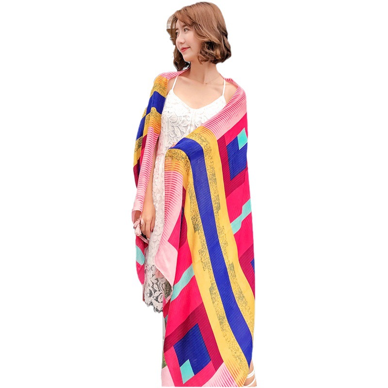 Cotton and Linen Printed Silk Scarf Seaside Sun Protection Large Shawl Silk Scarf Bohemian Beach Scarf Beach Towel Women Summer
