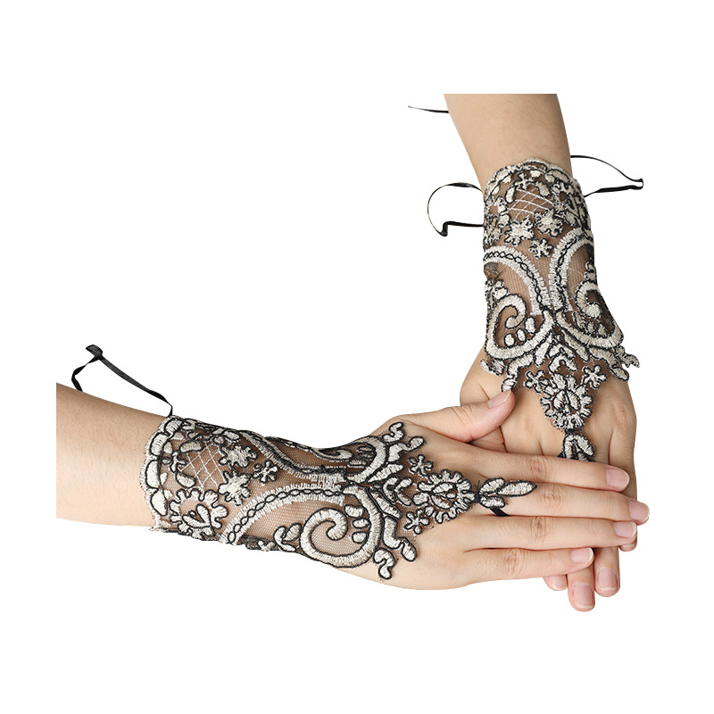 Picture of Hook-Finger Short Mesh Lace Bow Sleeves European and American Bride Wedding Dress Hand Sleeves Short Lace Gloves Wholesale