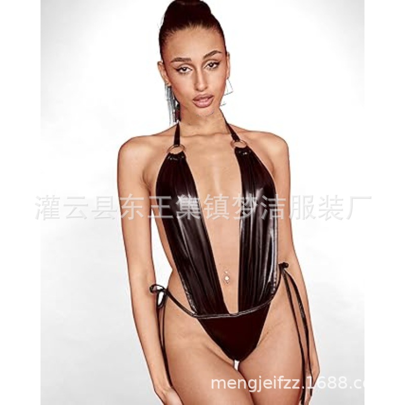 Cross-Border Wholesale Sexy Lingerie Black Sexy Patent Leather Halterneck One-Piece Three-Point Sexy Pajamas 1079