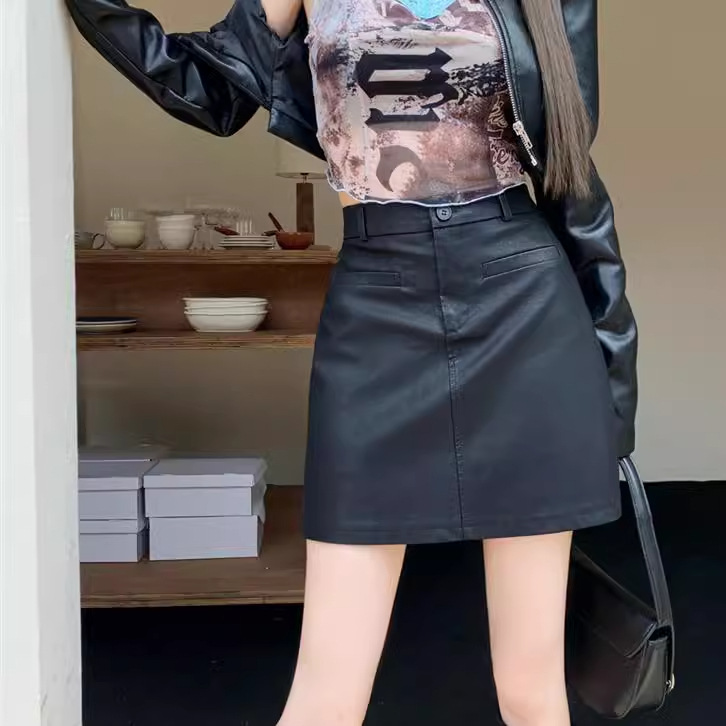 brown Leather Skirt Women's Autumn and Winter New High Waist plus size Slim-fit Puleather Skirt Small A- line Hip Skirt