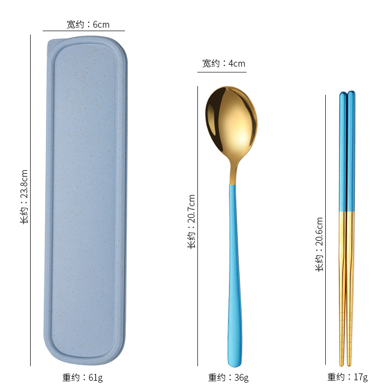 Picture of Stainless steel portable tableware fork spoon chopsticks suit Korean three-piece outdoor gift student tableware suit