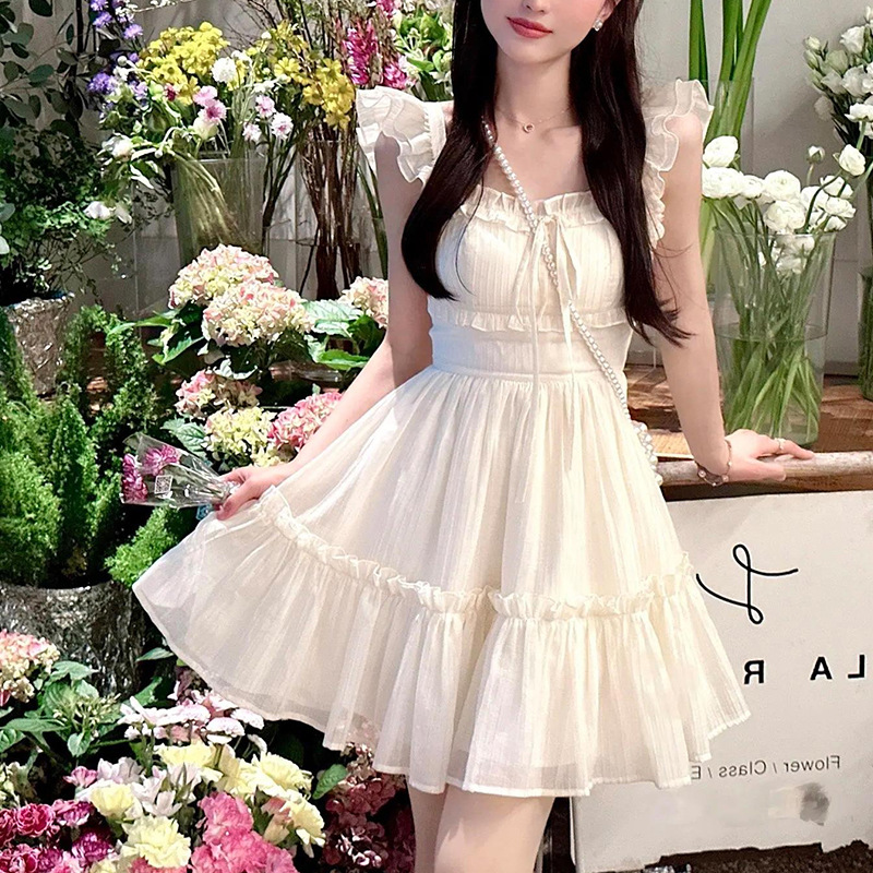 French Style Sweet Fly Sleeve Dress Women's Summer High-end Feeling Elegant Fairy Skirt Tight Waist Slimming Short Skirt
