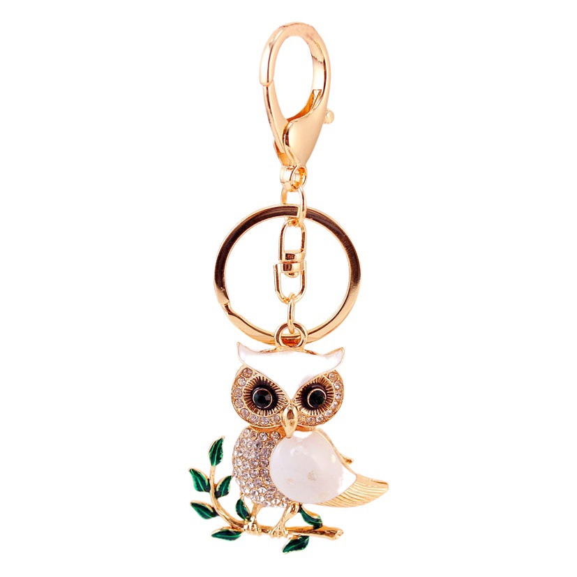 Cute oil dripping white rhinestone owl car keychain women's bag accessories key chain pendant small gift 852