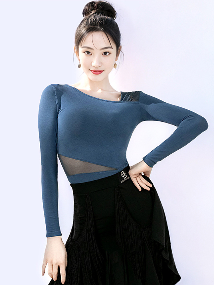Latin Dance Top Women's Ballroom Dance Clothes Adult Professional New Mesh Stitching Modern Dance Classical Dance Practice Clothes