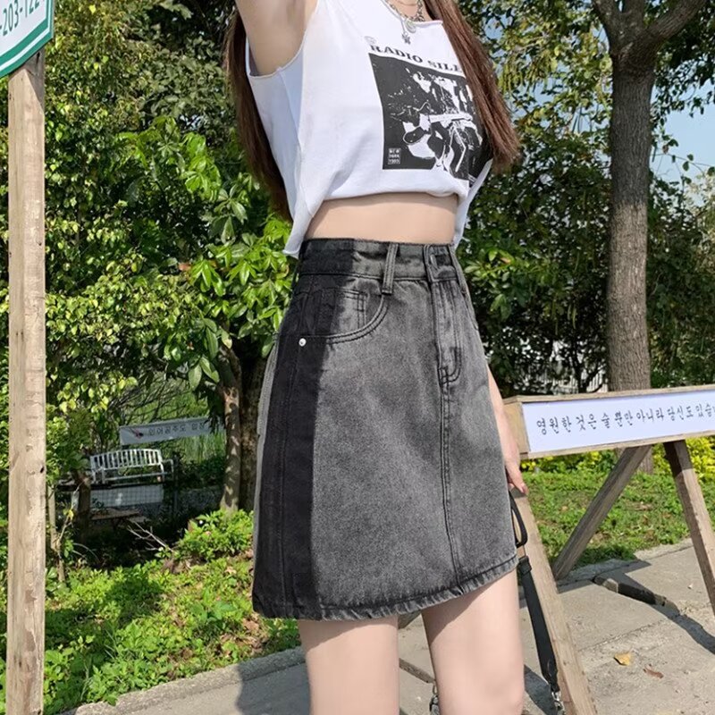 Grey Color-matching Niche Design Sense Denim Skirt Girl's Summer High Waist Slimming A- line Small Half-length Skirt