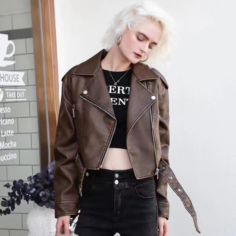 Picture of Hong Kong Style Retro Leather Jacket Women's Short New Casual This Year's Popular Motorcycle PU Leather Jacket