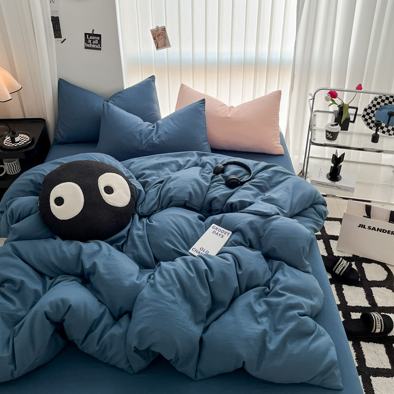 Picture of Four-piece bed set A can sleep naked wash cotton quilt cover solid color bed sheets student dormitory three-piece bed hat wholesale 4