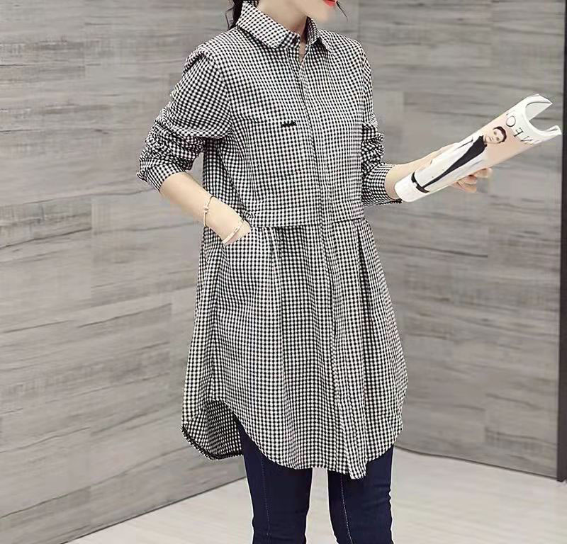 Picture of Korean Style Loose Large Size Shirt Women's Spring and Autumn New Arrival Plaid Shirt All-Match Fashionable Mid-Long Long Sleeve Top