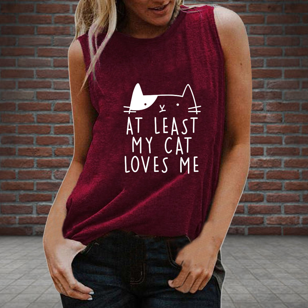 Spring 2020 Cross Border New AT LEAST Letter Cat Print Pattern Women's T-Shirt Sleeveless Vest 10151