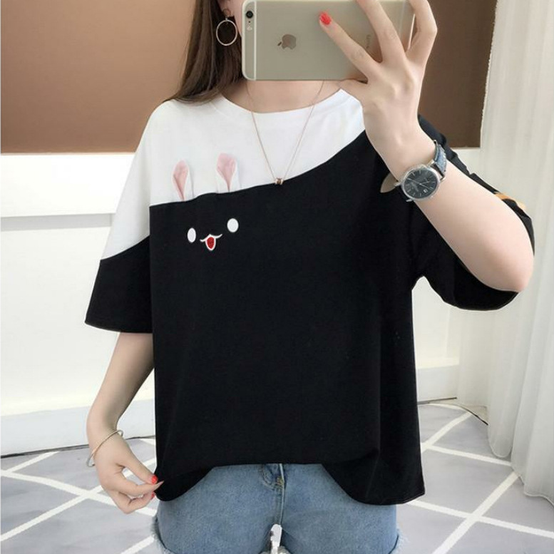 Picture of 2025 New Summer Embroidered Rabbit Korean Style Color Block T-Shirt Student Top Loose Short-Sleeved Women's Clothing One Piece Store