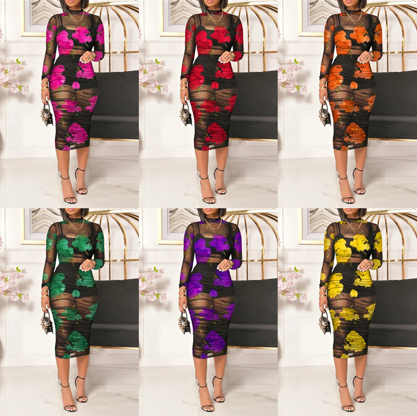 2023 European and American New Black Sling Skirt with Fashion Floral Print Transparent Mesh Sexy Long dress