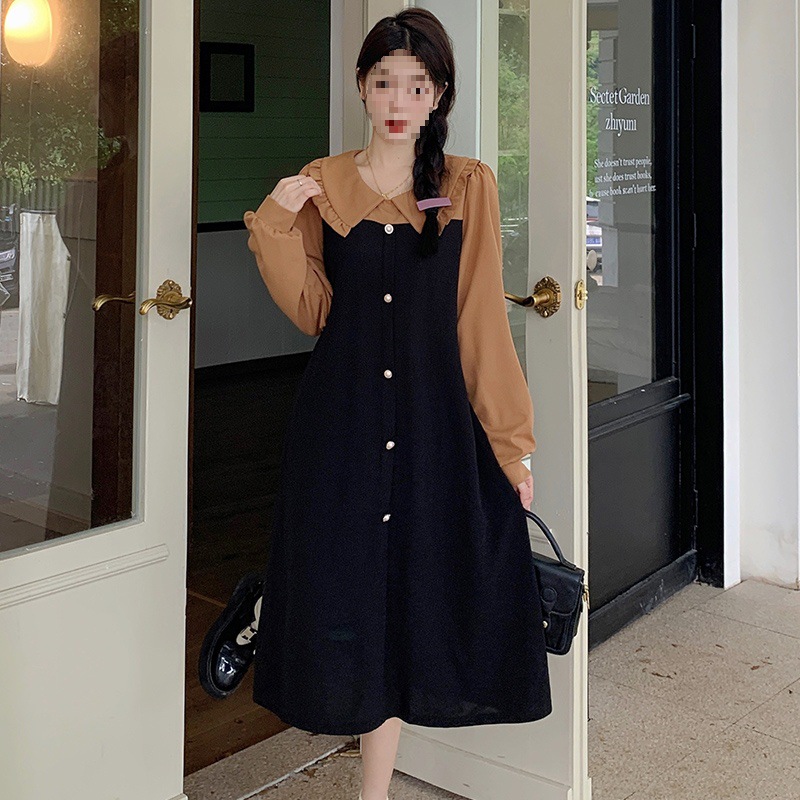 #299 Real Shot 2025 Joker Skirt Design Sense Contrast Color Stitching Doll Collar plus size chubby girl Slim dress Women