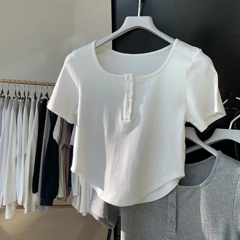 Shoulder Square Collar T-shirt Women's Short-sleeved Design Summer New Sweet Spice Girl Irregular Slim-fit Slimming Pure Desire Top Trendy