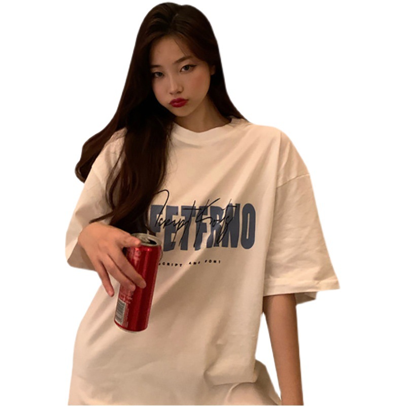 Picture of White T-shirt Women's Spring and Summer 2025 New Korean-style Hong Kong-style Retro Printed Middle-length Top Base Shirt for Students