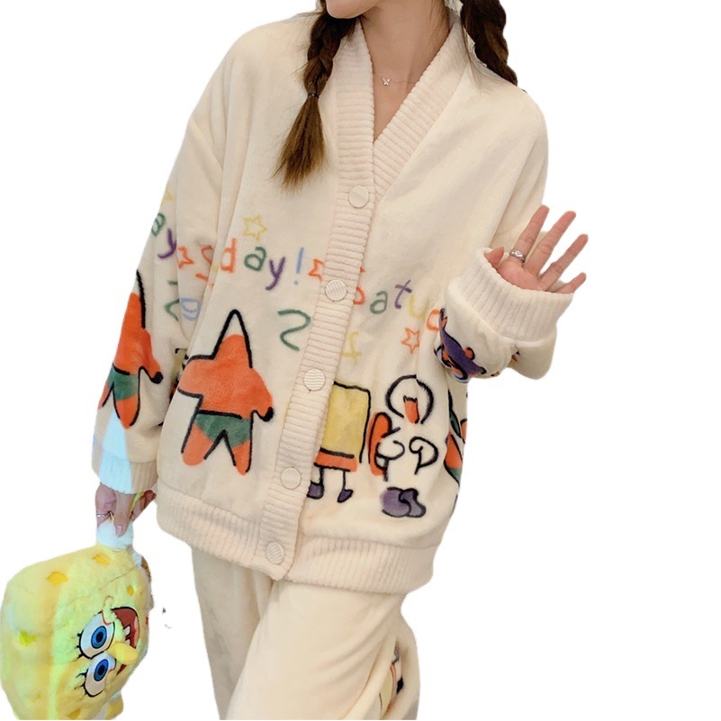 Winter Flannel Pajamas Women's Korean-style ins Style Thickened V-neck Cardigan Loose Cartoon Outfit