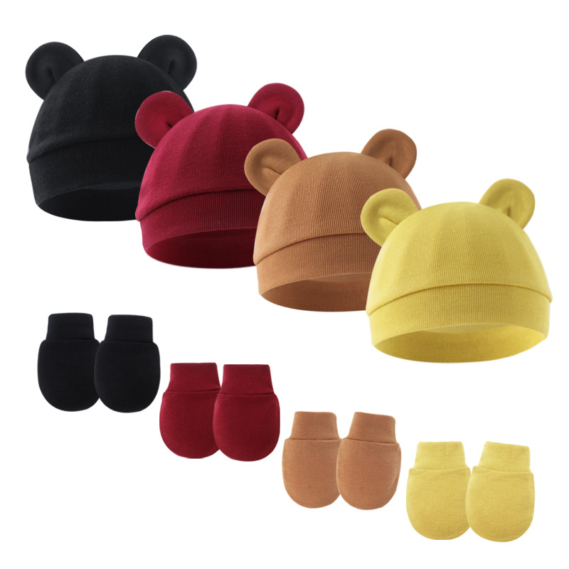 Picture of 2023 foreign trade baby pullover cap Mickey ears baby hat newborn tire cap anti-scratch gloves 2-piece set