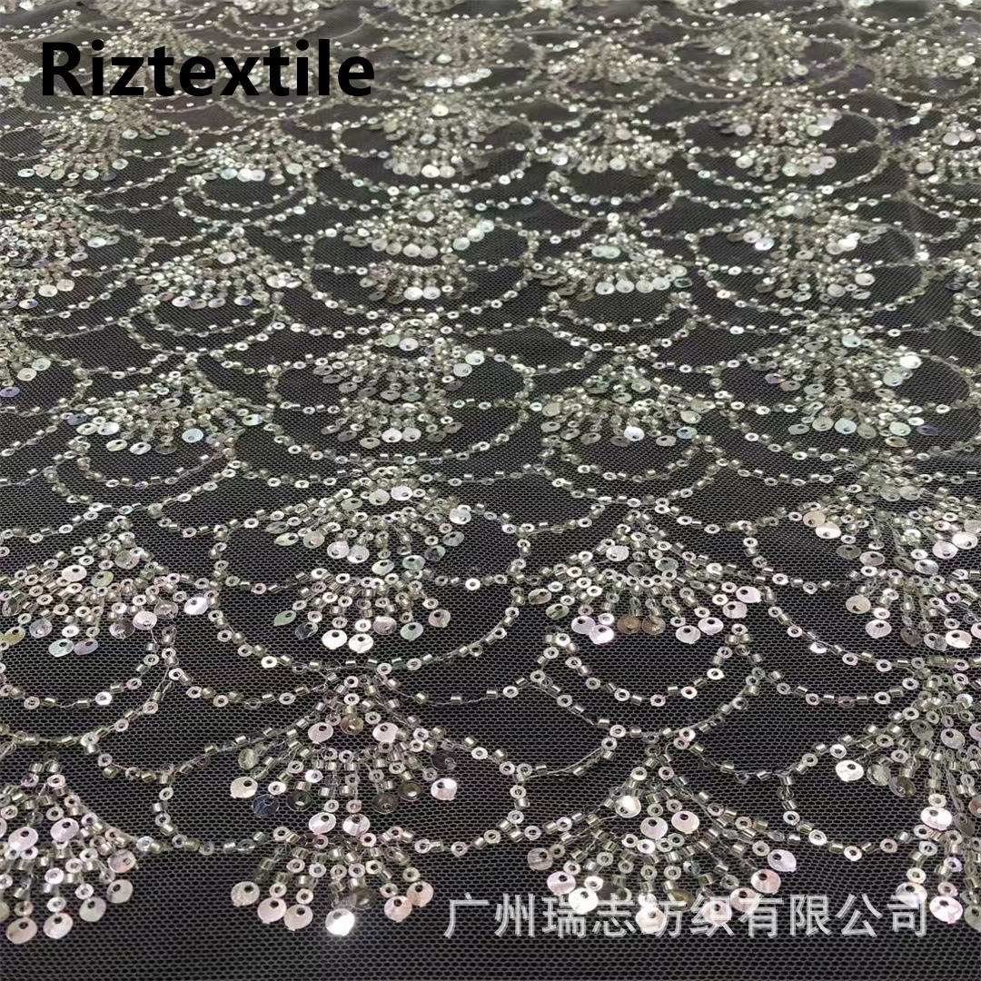 New Heavy Crown Shape Crystal Beads Tube Lace Fabric Mesh Embroider Wedding Dress Children's Dress Embroidered Cloth