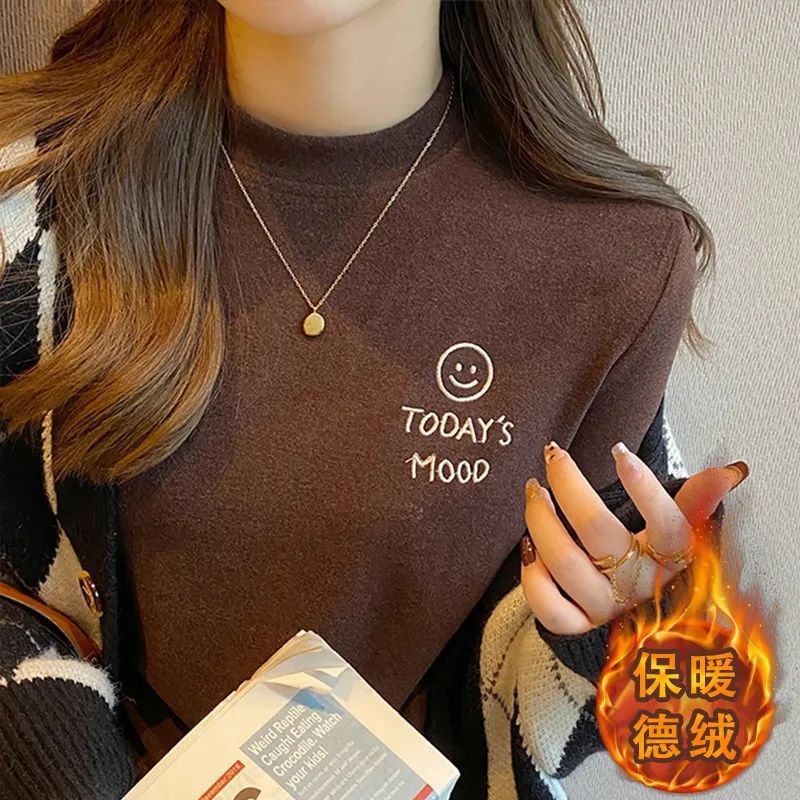 Super soft waxy double-sided velvet bottoming shirt women's autumn and winter new long sleeve fleece-lined western style warm top T-shirt trendy