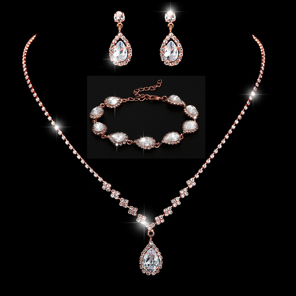 Picture of Brilliant diamond zircon water drop necklace earrings bride wedding jewelry shooting jewelry set wholesale