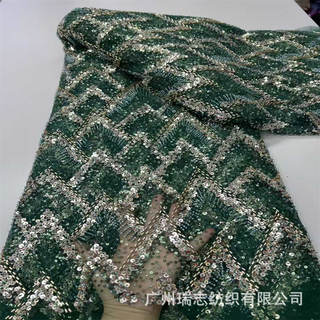 Chinese Gold and Green Mesh Pattern Wedding Dress Bead Tube Embroidery Fabric European and American Geometric Pattern Dress Sequin Lace