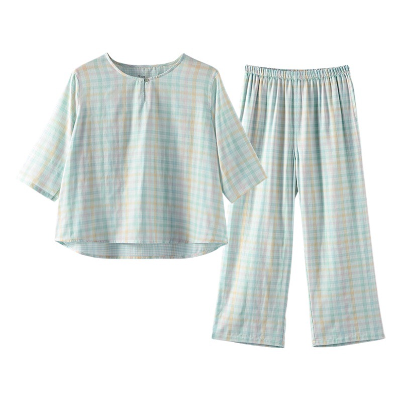 2025 Spring New Cotton Double-Layer Gauze Women's Thin Three-Quarter Sleeve Pajamas Plaid Suit Casual and Comfortable Home Clothes