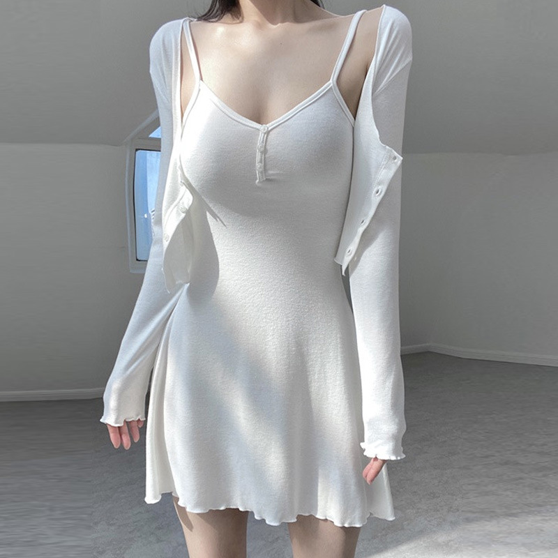 Picture of French Style High-end Sense Chic Long-sleeved Cardigan Slip Skirt Set Pure Desire Style Slim-fit Sexy Dress Two-piece Set for Women