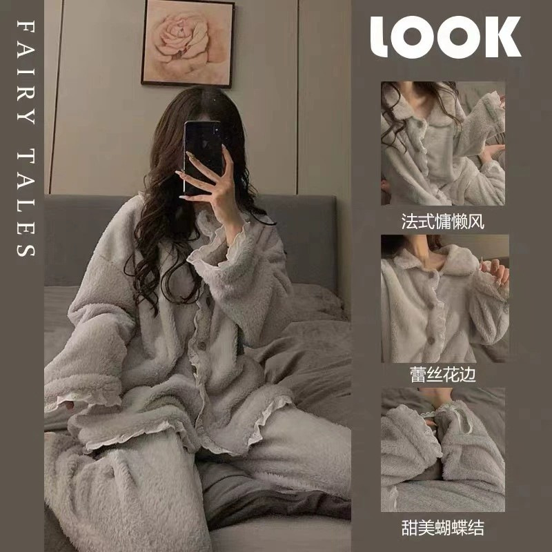 Foreign Trade Cross-border Internet Celebrous Live Long-sleeved Pajamas Women's Autumn and Winter Flannel Fleece-lined Thickened Coral Fleece Home Suit