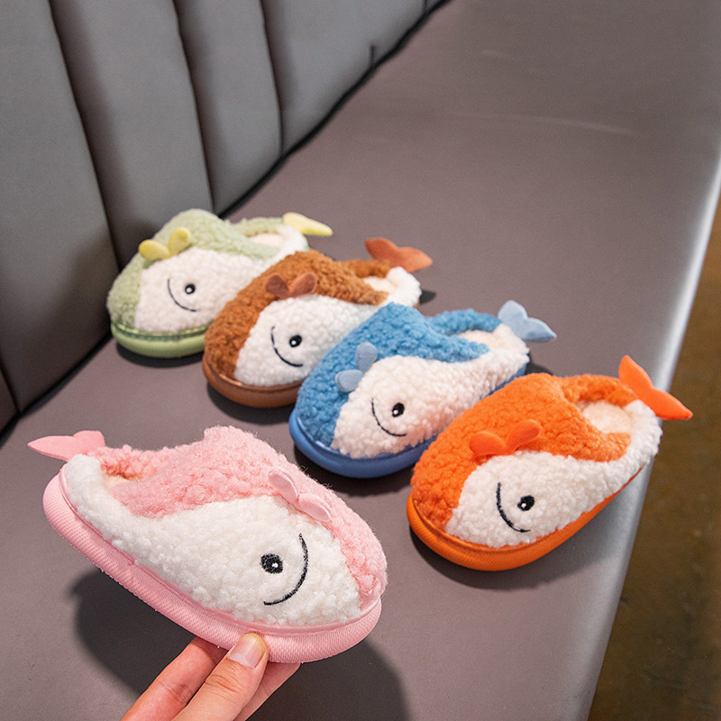 Children's Cotton Slippers Girls and Boys Winter Warm Thickened Fleece-Lined Non-Slip Fur Shoes Children's Cartoon Fish Cotton Shoes