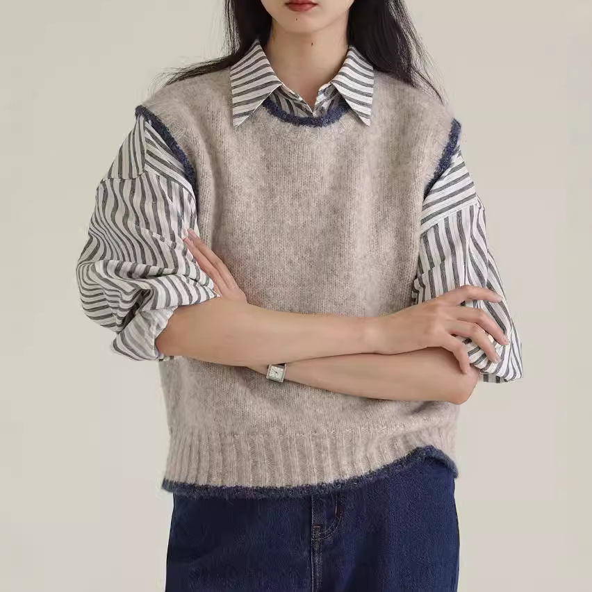 2024Aw Wool Alpaca Albaka Contrast Color Knitted Vest