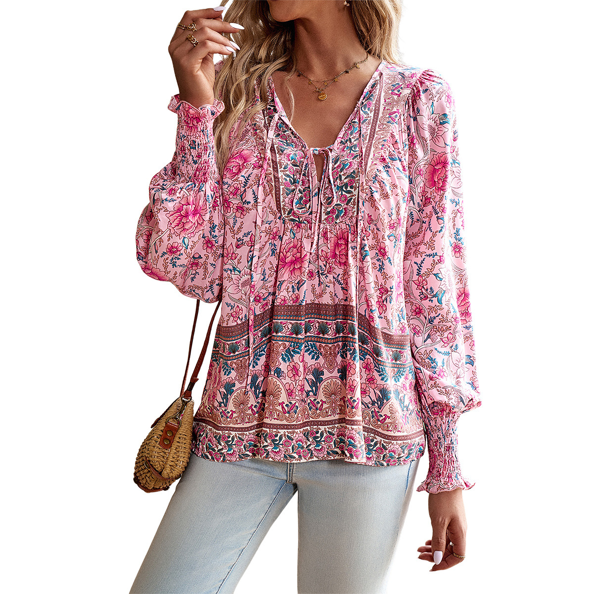 Picture of Kaikuo European and American Cross-Border European Station Amazon Printed Shirt Women's 2025 Autumn Elegant Export V-Neck Long-Sleeved Top