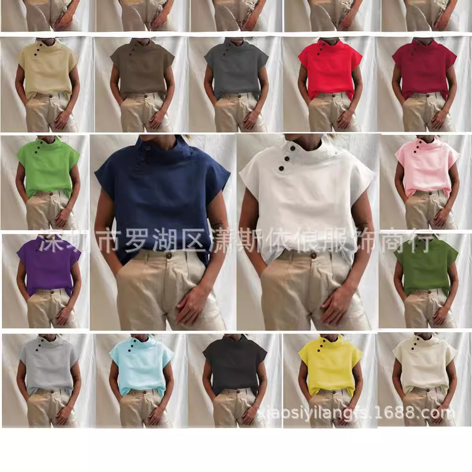 in stock 2022 European and American Amazon 16-color 8-size solid color short sleeve open button pullover casual loose pure cotton shirt