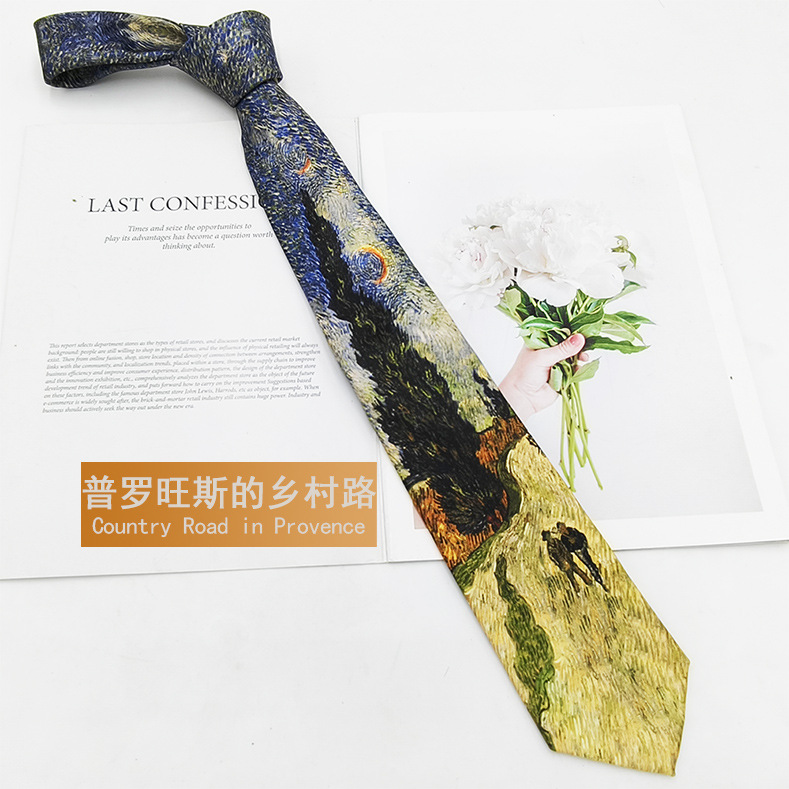 Picture of Van Gogh Oil Painting Men's Polyester Printed Vintage Tie Factory in stock Fashion Casual Tie Hand Tie 8cm